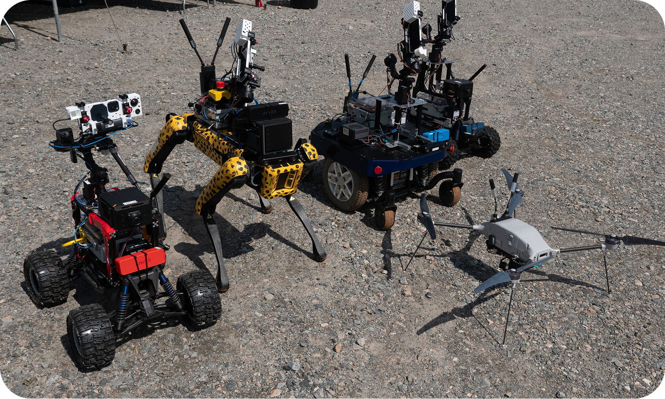 The Team Chiron Year #1 robotic fleet - a SPOT, 2 RC cars and a Lockheed Indago 4 drone.